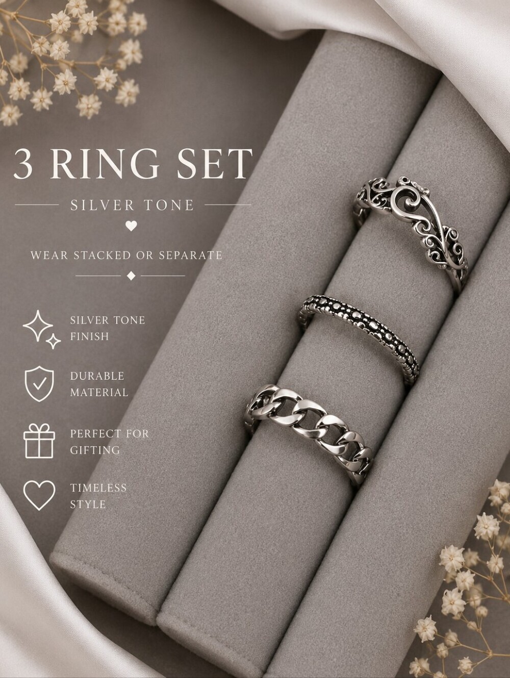 Set of 3 Silver Tone Floral Chain Stackable Rings